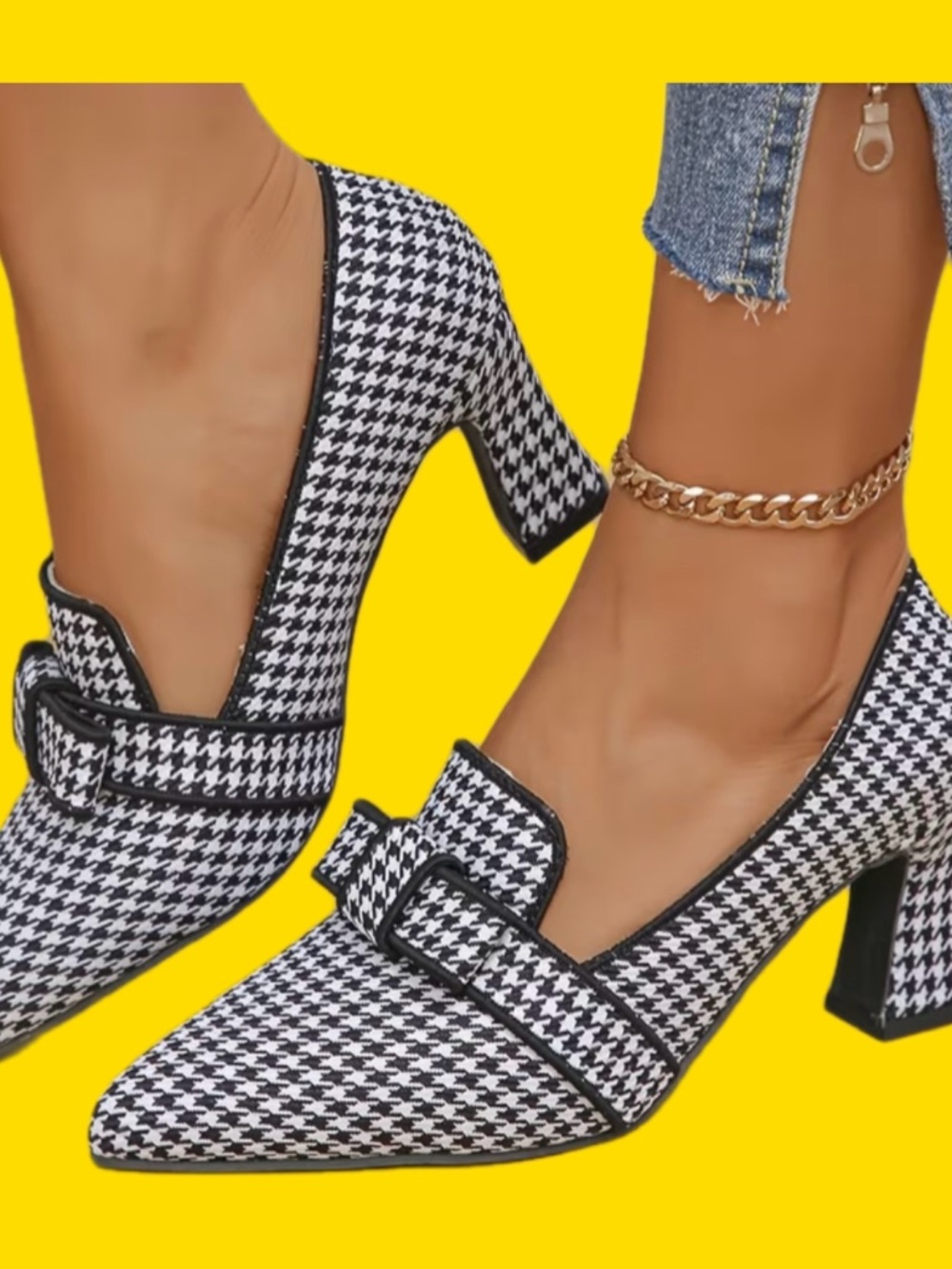 Black White Houndstooth Buckle Block Heel Pumps